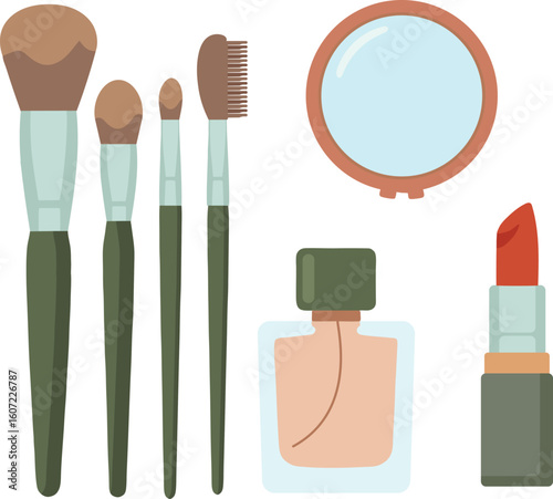 Makeup Essentials Brushes, Mirror, Perfume, and Lipstick