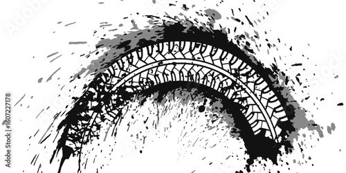 Tire tread marks, wheel textures, tire marks - car racing, motocross, drift, rally, off-road and others. Vector black isolated texture in grunge style with splashes.eps10