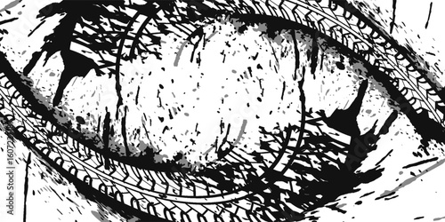 Tire tread marks, wheel textures, tire marks - car racing, motocross, drift, rally, off-road and others. Vector black isolated texture in grunge style with splashes.eps10