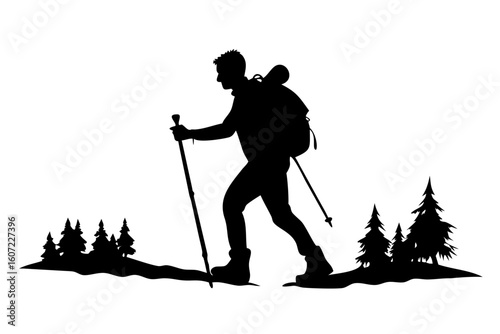Silhouette hiker trekking in forest with backpack and hiking poles adventure trip