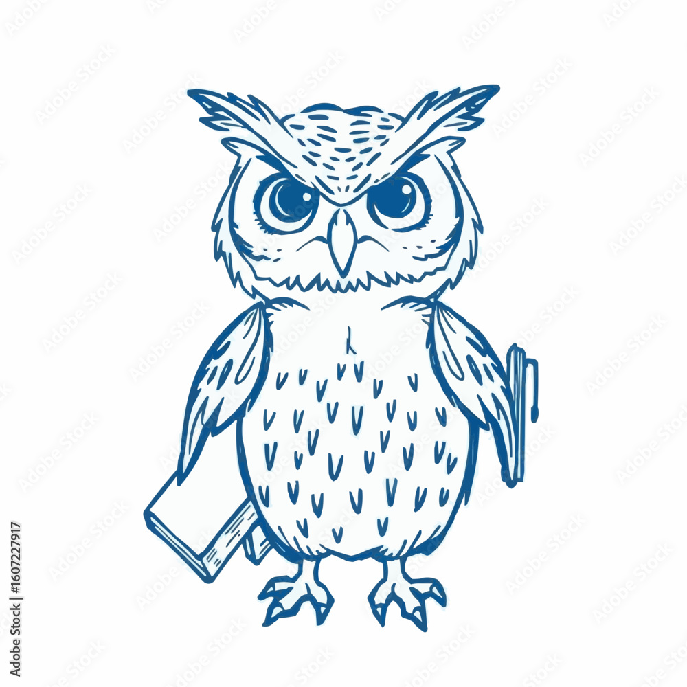 Fototapeta premium Cartoon owl character holding books and showing a serious expression 
