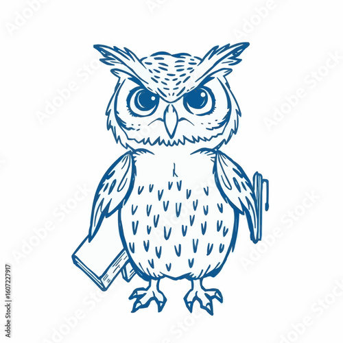 Cartoon owl character holding books and showing a serious expression  