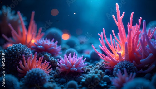 mesmerizing 3D illustrations of a fantastical, glowing underwater garden with alien-like flora in deep blue water. Ideal for science fiction and fantasy themes