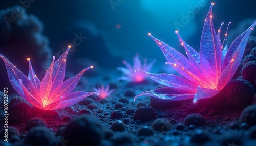 mesmerizing 3D illustrations of a fantastical, glowing underwater garden with alien-like flora in deep blue water. Ideal for science fiction and fantasy themes