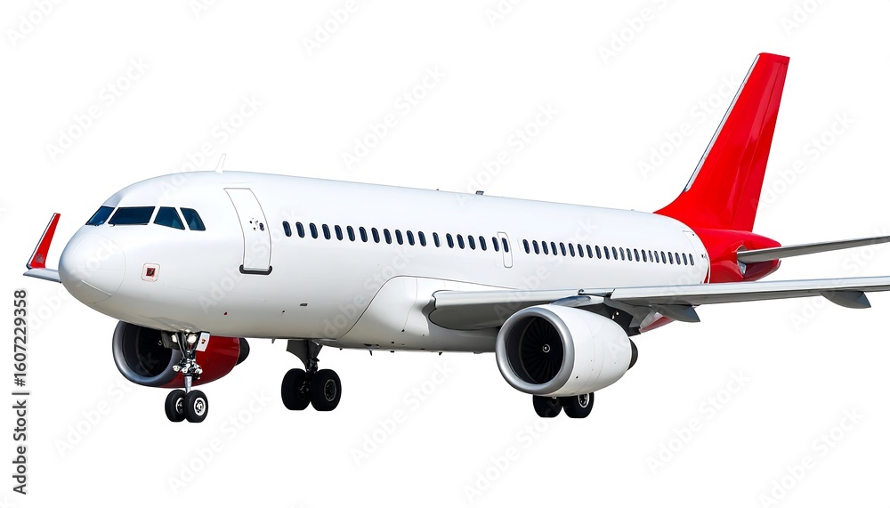 Obraz premium Commercial airplane isolated on white background, showcasing its sleek design and features for