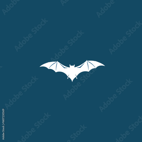 A white bat silhouette with outstretched wings centered against a dark blue background.