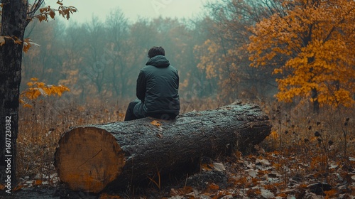 Lone Figure Contemplating in a Misty Autumn Forest Sitting on a Fallen Log