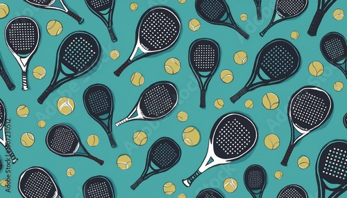 padel rackets and balls seamless pattern on turquoise background