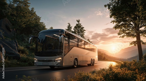 Modern Black and Gold Coach Bus Traveling on Scenic Mountain Road at Sunset