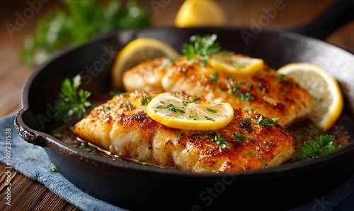 Delicious Pan-Seared Fish Fillets with Fresh Lemon Slices and Parsley in a Cast Iron Skillet