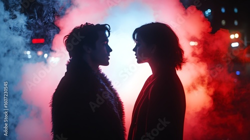 Dramatic Silhouettes of a Man and Woman Facing Each Other Amidst Red and Blue Smoke at Night