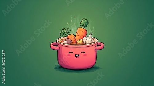 Cute Cartoon Pot with a Smiling Face Full of Steaming Vegetables Like Carrots and Garlic