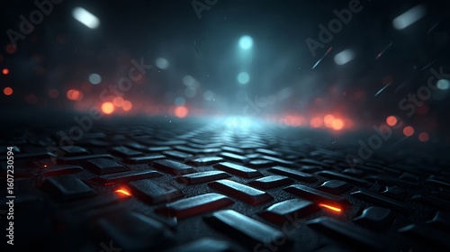 Abstract Textured Floor with Dramatic Bokeh Lights and Red Glow in a Cinematic Dark Setting