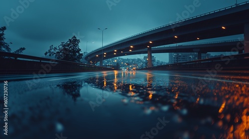 Low Angle View of a Wet Road with Reflections of City Lights and an Elevated Highway Overpass at Dusk