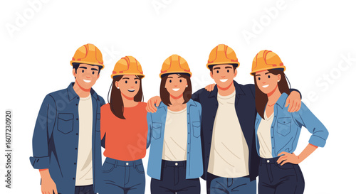 Happy construction team celebrating success with arms around each other, wearing hard hats