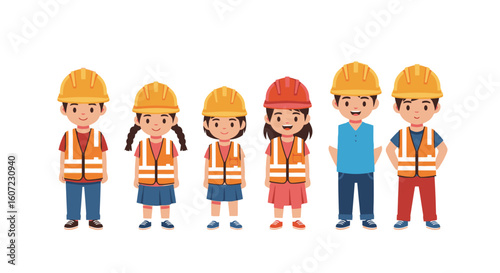 Diverse group of children in construction safety gear ready for teamwork and fun projects
