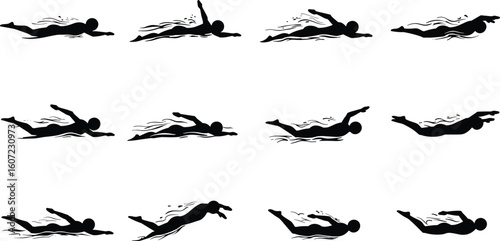Butterfly stroke swimmer silhouettes, swimming motion stages, aquatic technique breakdown, black white art, sports performance, athlete movement, water training visuals