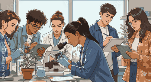 Students conducting scientific research in a modern lab, analyzing plant samples with microscopes