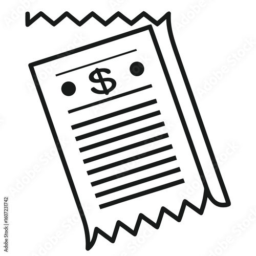 Black and white illustration of a receipt with dollar sign and lines bill invoice
