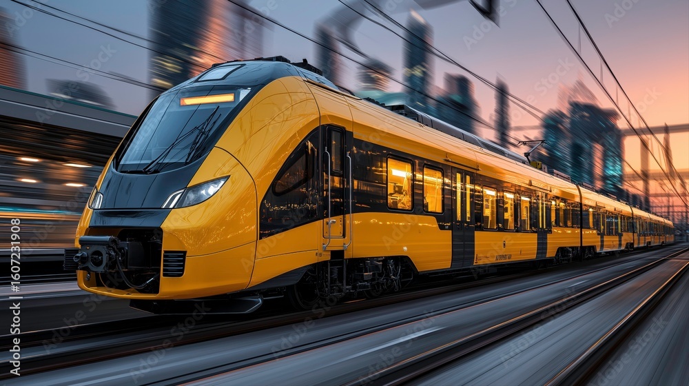 Obraz premium Modern Yellow Passenger Train Moving Through City at Sunset
