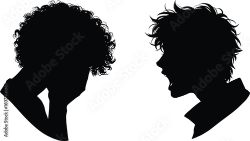 Facing silhouettes, curly and wavy hair profiles, black head design, hairstyle contrast, side view, shoulder portrait illustration, minimalist beauty concept
