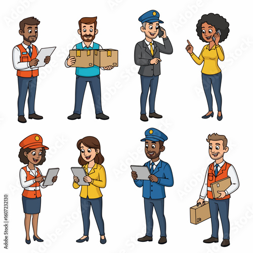 Delivery workers and couriers using tablets and phones