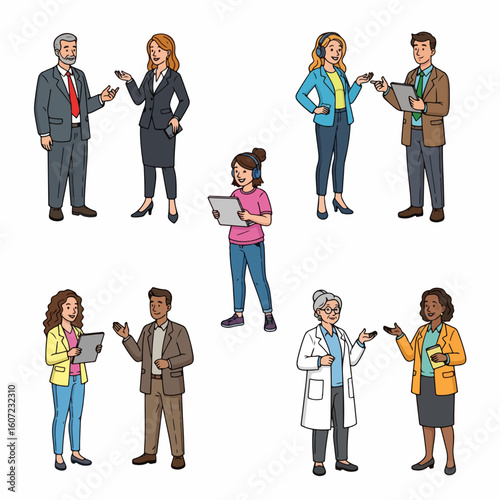 Diverse professionals presenting tablets in business setting