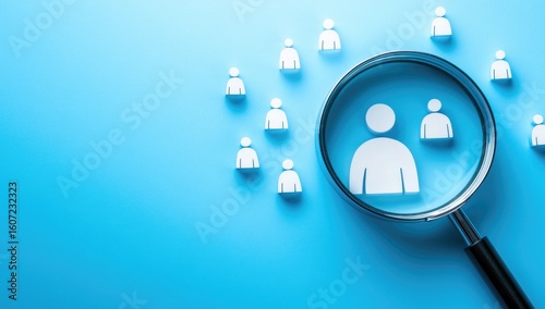 A magnifying glass focuses on a single person icon amidst a group of similar icons on a light-blue background