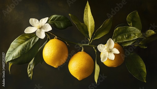 Three bright yellow lemons on a branch with white flowers and green leaves, against a dark brown background