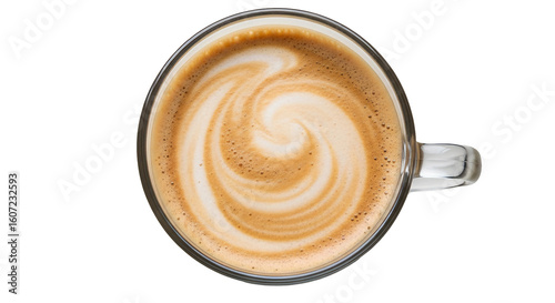 Overhead view of a cappuccino with latte art swirl isolated PNG with Transparent Background