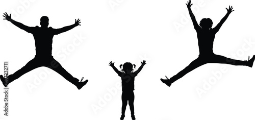 Happy family jumping silhouettes, joyful energy, fun bonding activity, freedom in motion, outdoor celebration, unity, playful leap, togetherness, carefree spirit