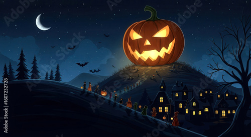 Giant Halloween Jack-o'-Lantern on Hill Overlooking Spooky Village at Night