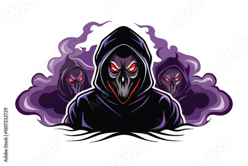 Hooded Figure Esports Mascot Logo for T-shirts & Podcast Branding - Dark Mystery Vector Emblem
