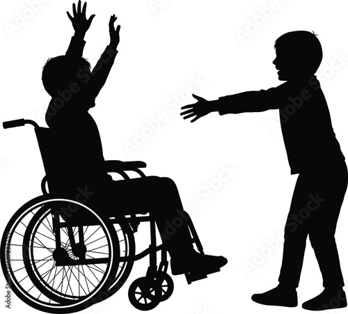 Heartwarming moment, child embracing wheelchair user, inclusive gesture, compassion, accessibility, silhouette connection, support, love, unity, emotional bond, inspirational interaction