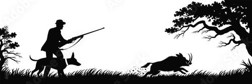 Hunter chasing wild boar silhouette, dog on leash, forest nature scene, rifle posture illustration, outdoor adventure concept, black graphic art