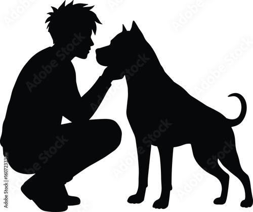 Man kneeling silhouette, bonding with dog, pet care scene, companionship moment illustration, human animal connection, vector graphic, black background