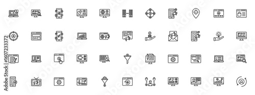 Digital Marketing icon set. Business vector collection. Includes Paid content, Social media, Ecommerce, Email marketing, Sales funnel, Web optimization, Conversion and more. Editable stroke design.