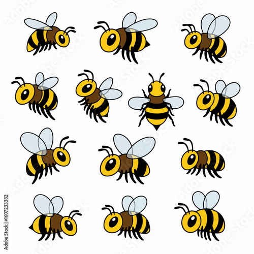 Yellow and black bees in various poses