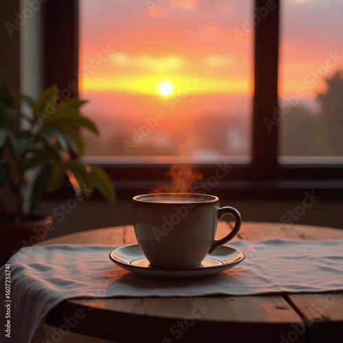Secangkir kopi di atas meja dengan suasana sunset