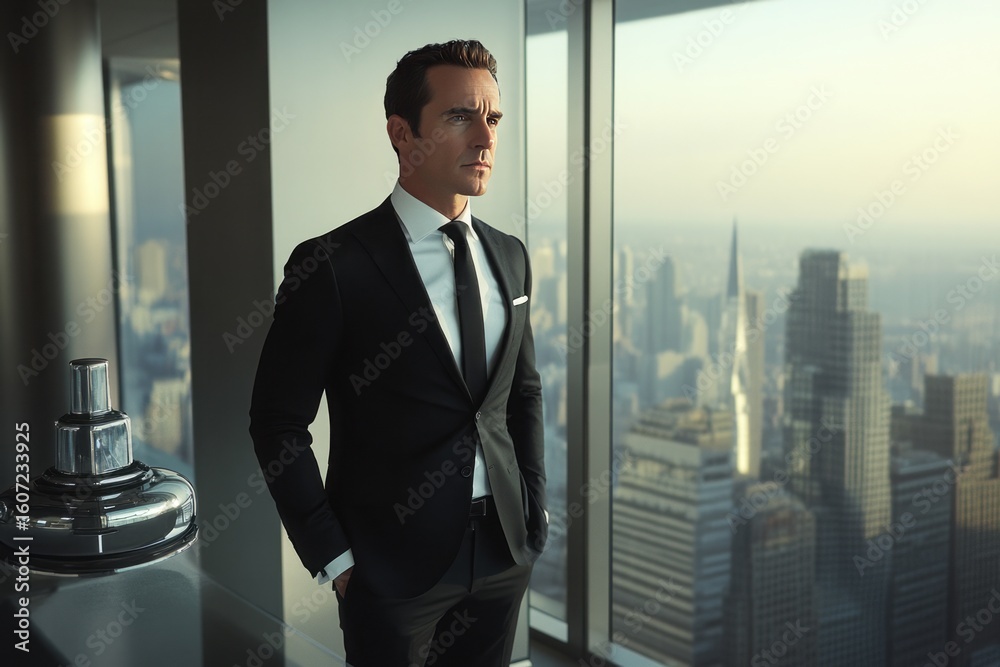 Fototapeta premium Man in suit looks out window at city skyline in high rise office