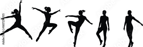 Silhouette dancers in motion, dynamic poses, artistic expression, grace, fitness, ballet, contemporary movement, performance, choreography, energy, flexibility, modern dance scene