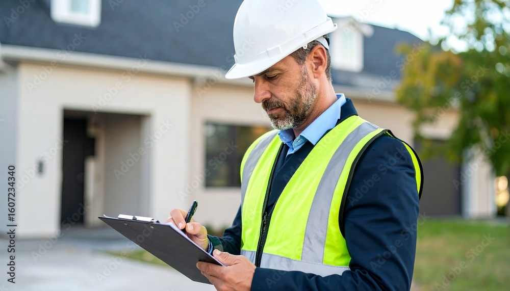 Fototapeta premium Male building inspector in reflective vest writing at clipboard to check safety systems, ensuring building maintenance compliance, security and structural integrity during routine inspection.