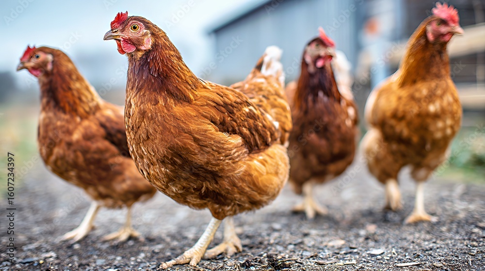 Fototapeta premium A group of four brown hens walking along a gravel path on a farm.