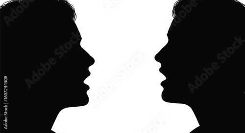 Silhouette faces, human profile symmetry, black and white portrait, emotional connection, abstract art, psychological theme, creative concept image
