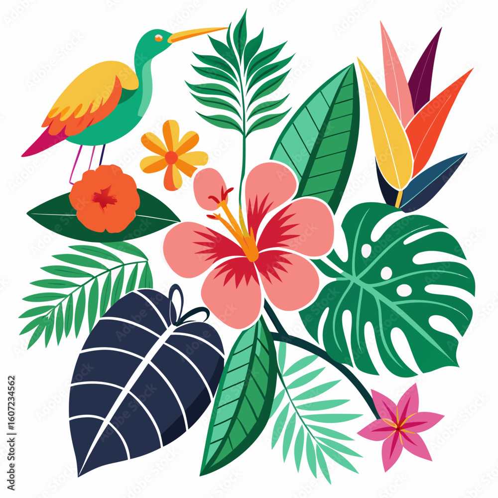 Obraz premium Vibrant tropical bird and exotic flowers with lush greenery illustration