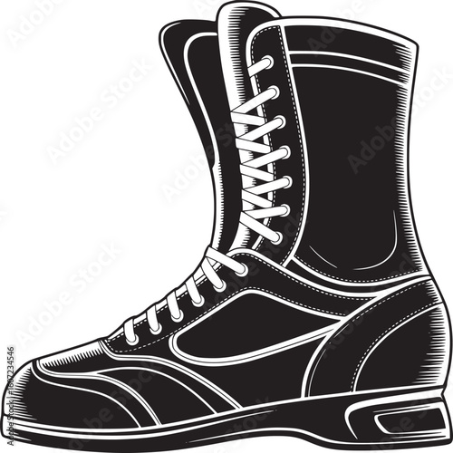 Black and white vector illustration of a high top lace up combat boot for fashion and design needs