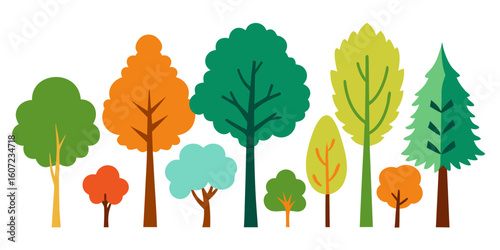 A colorful collection of stylized trees in various shapes and autumnal hues