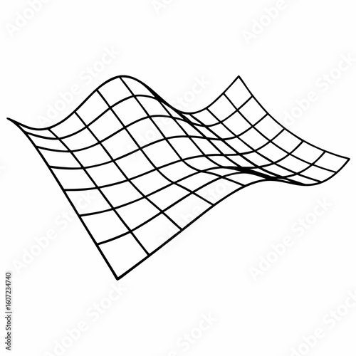 Abstract black grid lines forming a warped three dimensional surface on a white background