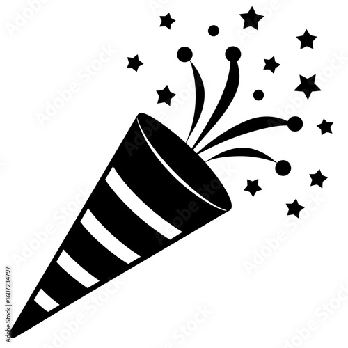 Black and white illustration of a party popper exploding with stars and confetti