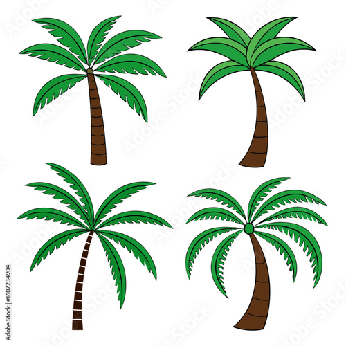 Four tropical palm trees green brown